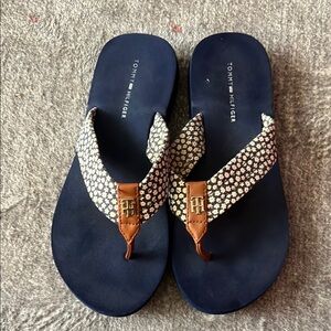 Tommy Hilfiger Navy and Brown Patterned Flip Flops